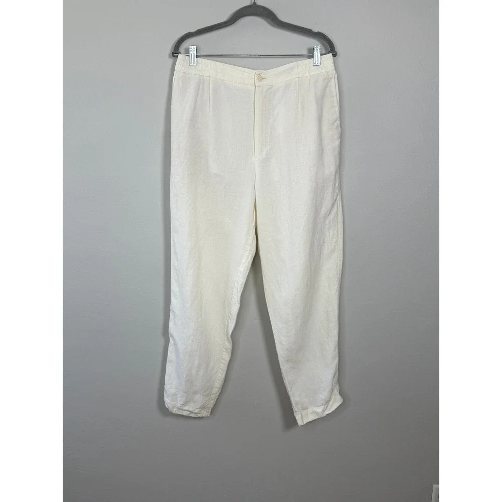 Zara 100% Linen Trousers Womens L Cream Pleated Tapered Pants Coastal Summer
